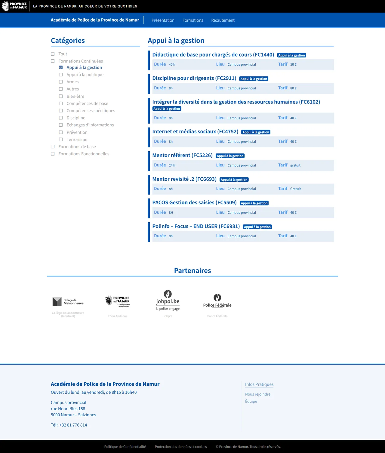 Académie de Police : Catégorie de formations