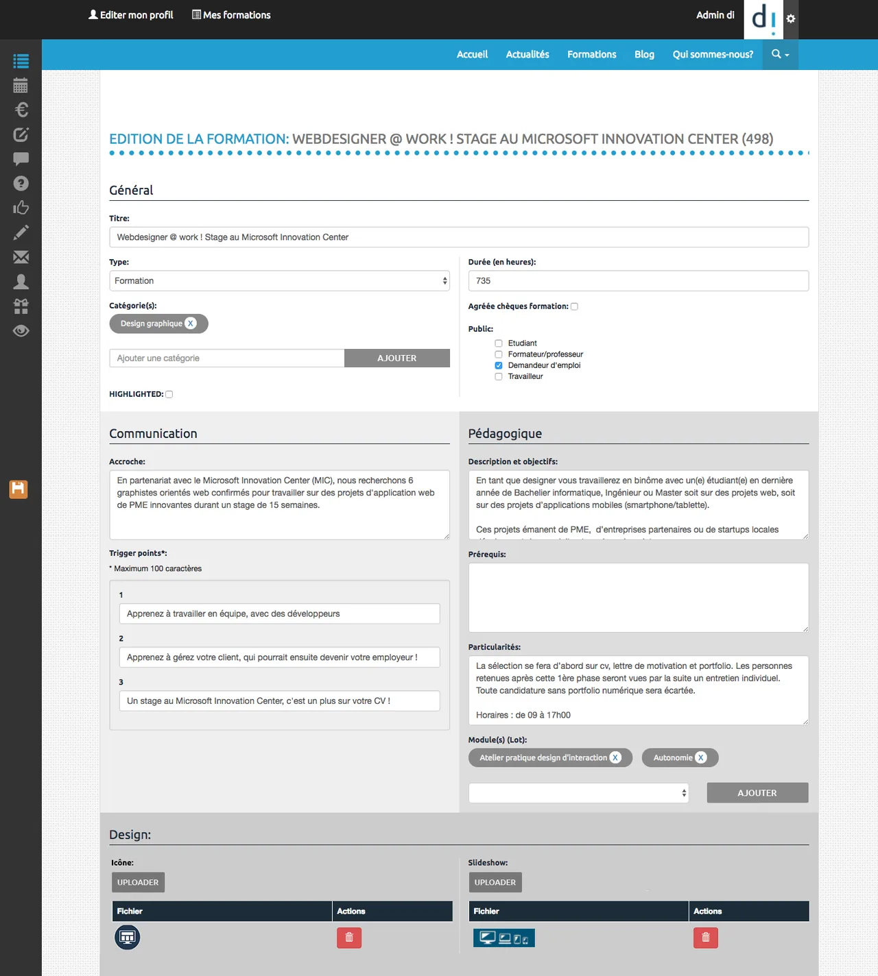 Design Innovation : Admin : édition du catalogue