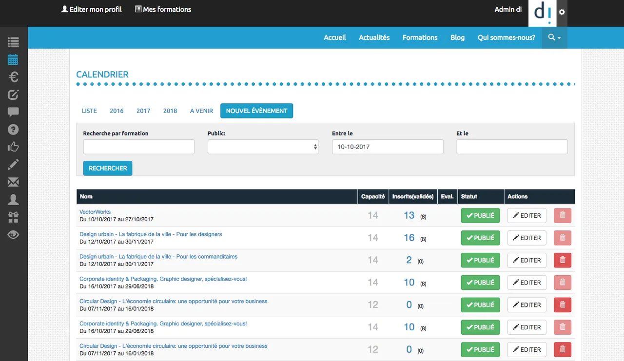 Design Innovation : Admin : calendrier