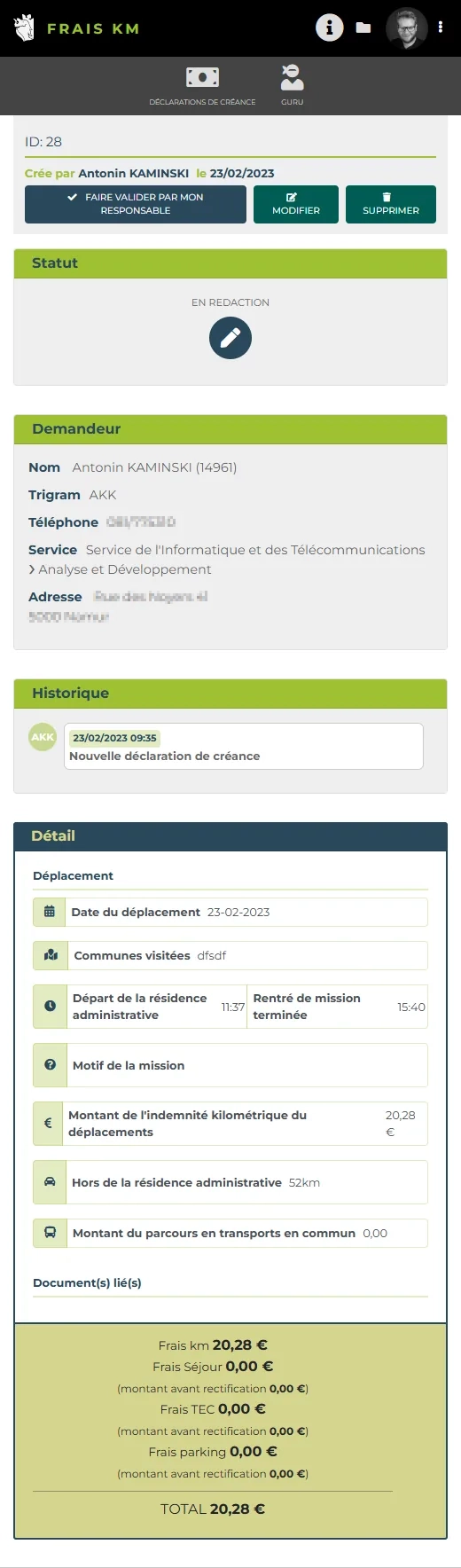 Frais km : Détail d'une déclaration