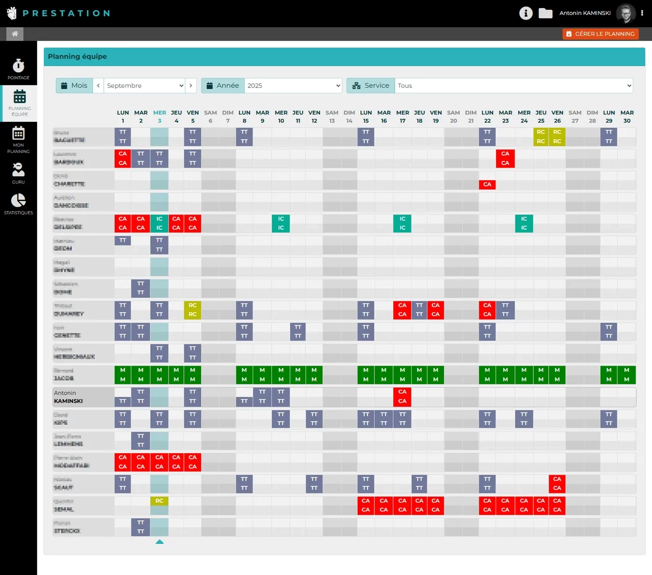 Prestation : Planning d'équipe