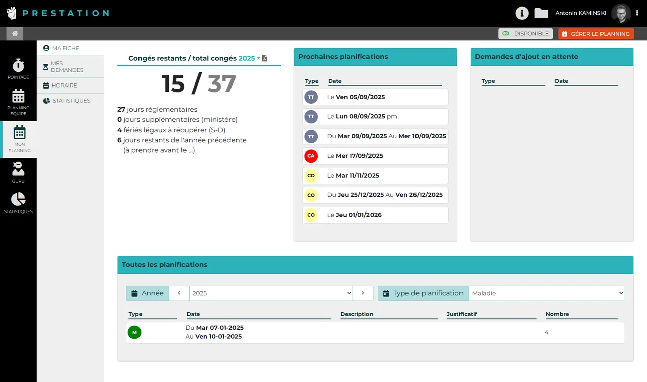 Prestation : Congés et planning