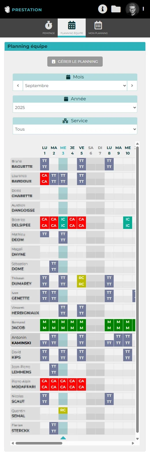 Prestation : Planning d'équipe